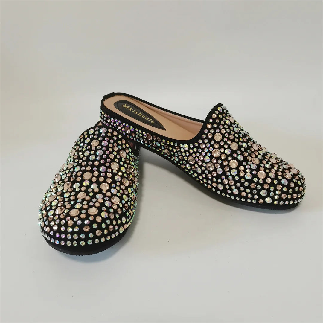 Hot Sale Multicolor Flat Heel Sequin Women's Slippers Casual Banquet Fashion Party Italian Mules Slipper Rhinestone Shoe F1013-2