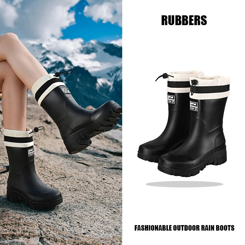 Solid Big Men Women Outdoor Tide Non-slip Waterproof Parent-Child Rain Boots Children Hundred Couple Adjustable Drawstring