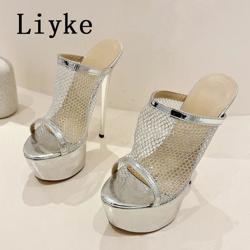 Liyke Summer Fashion Breathable Mesh Peep Toe Extreme High Heels Platform Slippers For Women Sandals Shoes Lady Pumps Slides