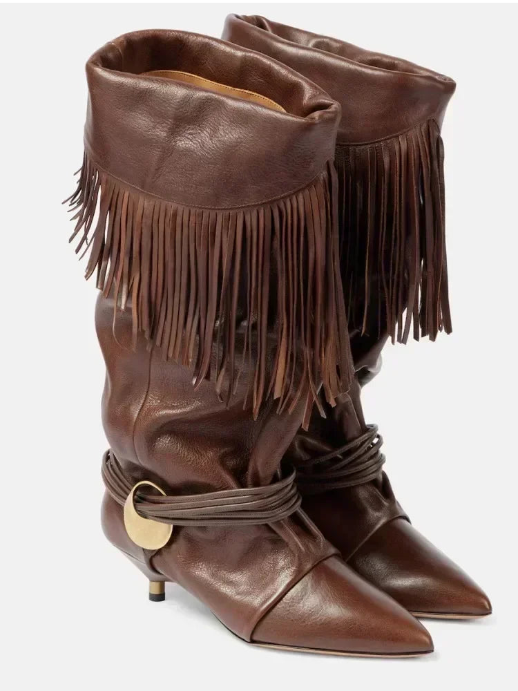 2025 Women's Autumn/Winter New Pointed Wrinkled Fine Heel Tassel Short Boots, Women's Knight Boots, Size 34-44 Medium Boots