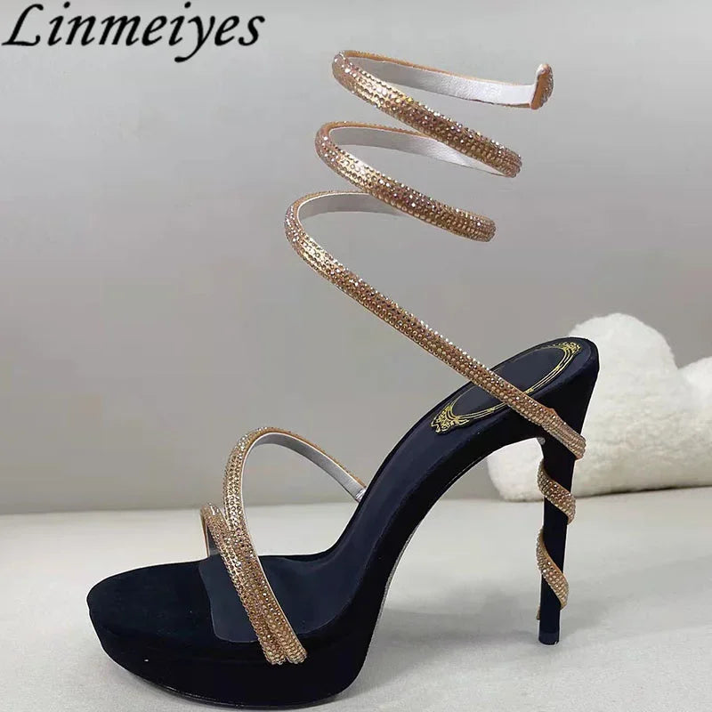 Summer Platform Sandals Woman Rhinestone Ankle Snake Twine Around Wedding Shoes Women High Heels Gladiator Sandals Women