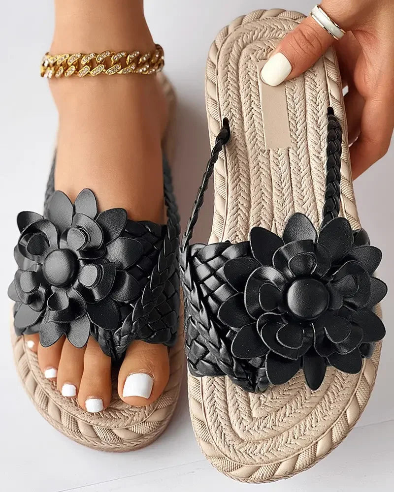 Slippers Women Ombre Floral Pattern Braided Casual Shoes Vacation Flat Holographic Braided Floral Pattern Toe Beach Flip Flops