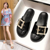 2023 rhinestone crystal buckle slippers women brand design crystal double flip flops female platform slides sandals big size 43