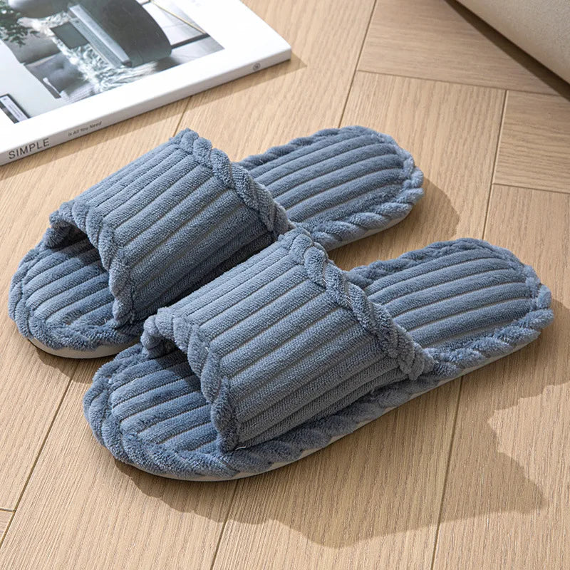 2024 women's new fashionable and minimalist one word slippers for indoor and home couples with striped open toe cotton slippers