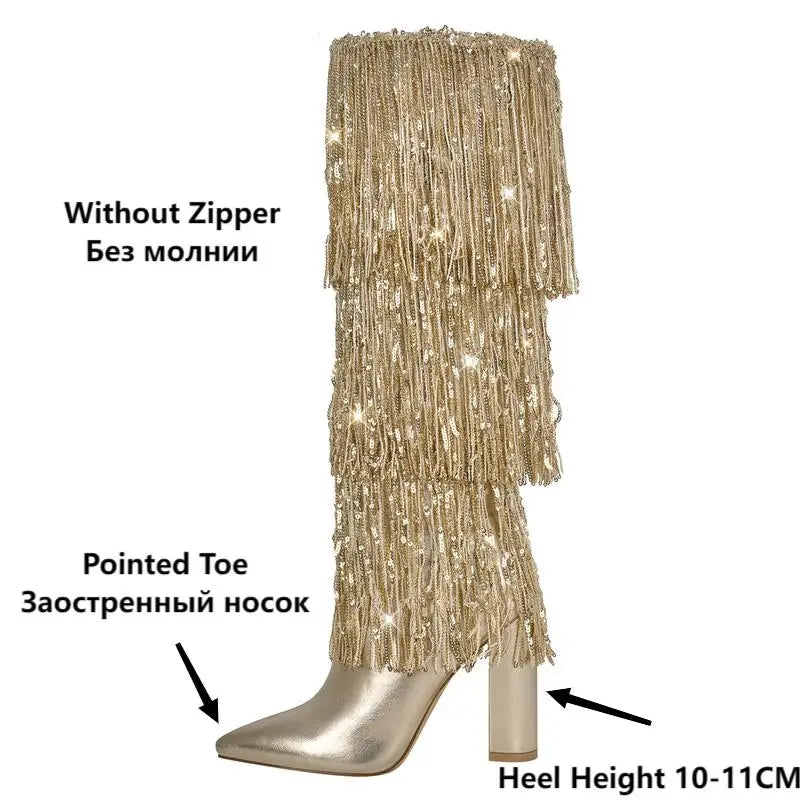 Onlymaker Women Pointed Toe Gold Fringe Metallic Slim Knee Boots Sexy Dance Party Dress Chunky Heel Boots
