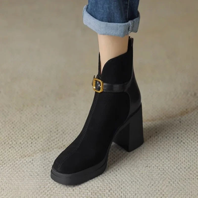Womens Heeled Ankle Boots Platform Zipper Punk Motorcycle Booties Chunky Block High Heel Round Toe Fashion Combat Boots