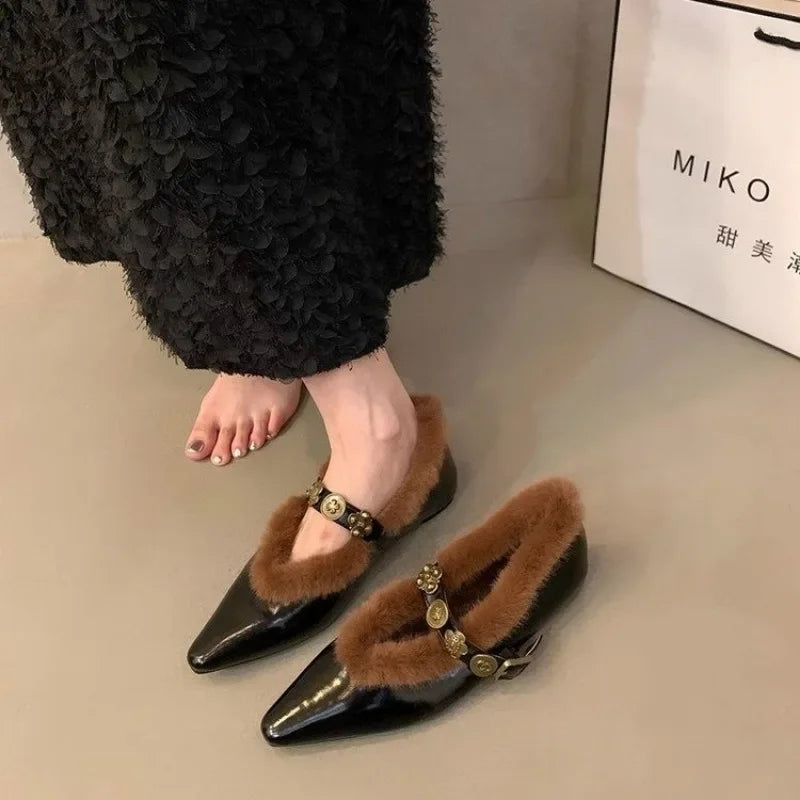 Fur Pointed Toe Women Sexy Chelsea Boots Elegant Ankle Flats Warm Winter Shoes 2024 New Designer Style Fashion Female Footwear