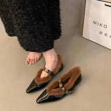 Fur Pointed Toe Women Sexy Chelsea Boots Elegant Ankle Flats Warm Winter Shoes 2024 New Designer Style Fashion Female Footwear