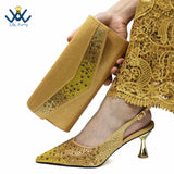 Coffee Color Fashion Italian Women Shoes and Bag Set High Quality New Full Shinning Crystal Slingbacks Pumps for Wedding