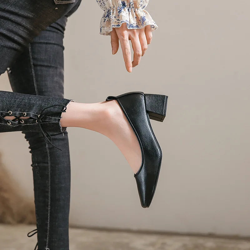 Woman Spring Elegant Square Toe Shallow Leisure Walk Mary Janes Female Black Designer 4CM High Heel Fetish Girl Work Shoes