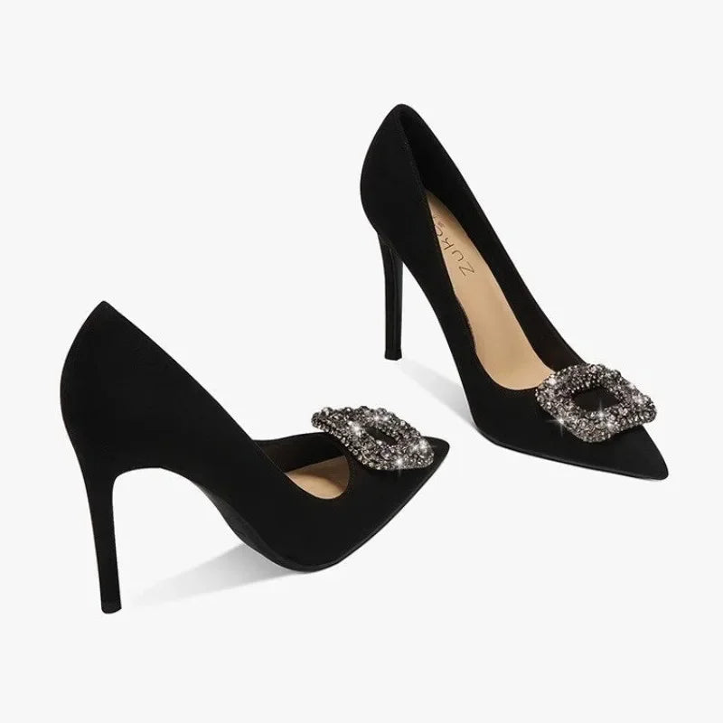 2024 Women's Summer New Luxury Crystal Square Buckle Design Sexy Pointed Stilettos Elegant Banquet Dress Party Shoes Plus Size