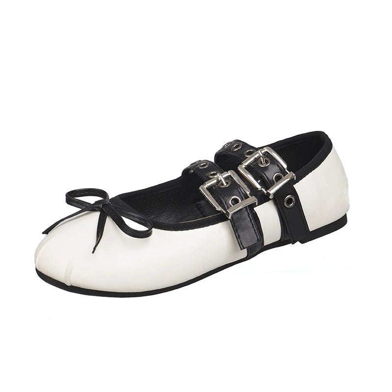 French ballerina ballet flats women's soft leather bow lace-up shallow Metallic belt trim car stitching cross straps belt buckle