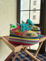 Spring Autumn Women Colourful Sneakers High Platform Shoes Heels Chunky Casual Dad Shoe Genuine Leather Thick Bottom Fashion New