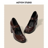 2023Mary Jane Shoes Women Retro British Style Hepburn Black High Heel One Word Buckle Thick Heel Square Head Single Shoes Women