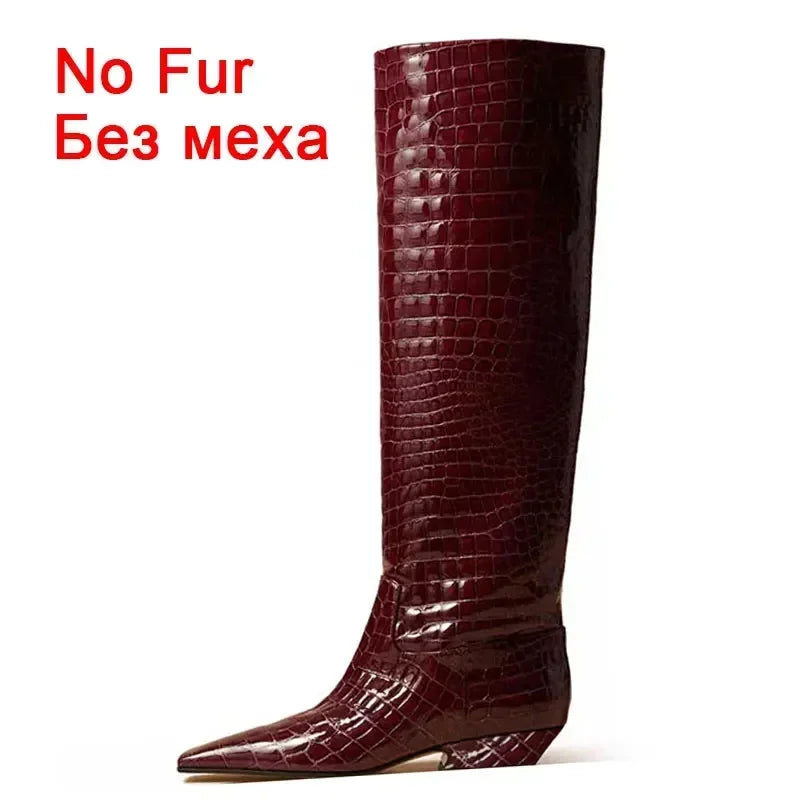 JOZHAMTA Size 35-43 Women Knee Boots 2025 Ins Fashion Stone Pattern Soft Leather Thick Heels Shoes Fall Winter Long Tall Boots