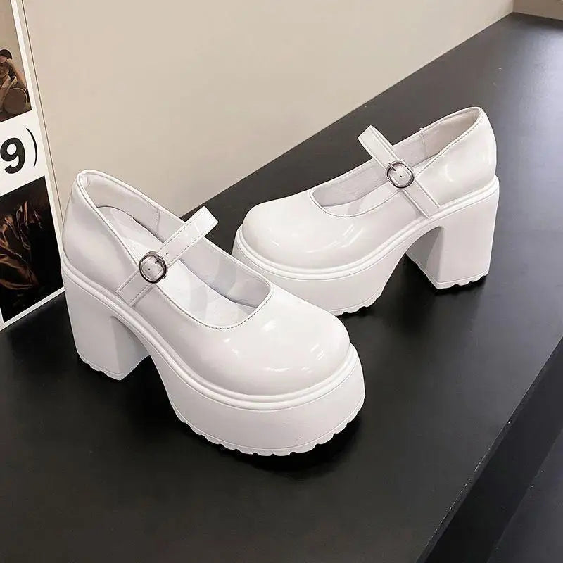 White Super High Heels Mary Jane Shoes for Women Patent Leather Chunky Platform Pumps Woman Gothic Buckle Strap Lolita Shoes