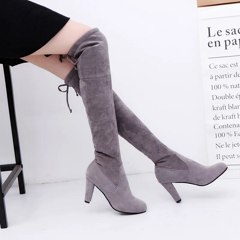 Bottes au-dessus du genou pour femmes, chaussures extensibles à talons hauts et bout pointu, grandes tailles (34 à 43), hiver 2024