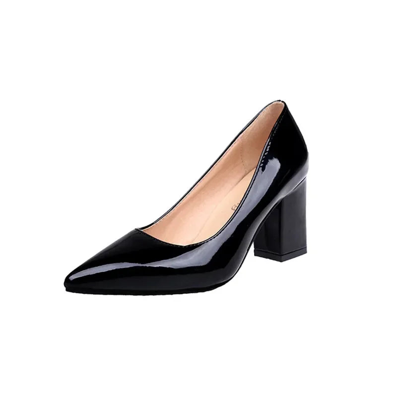New Women Pumps Black High Heels  Lady Patent Leather Shallow Thick with Autumn Pointed Single Shoes Slip-On Female Shoes