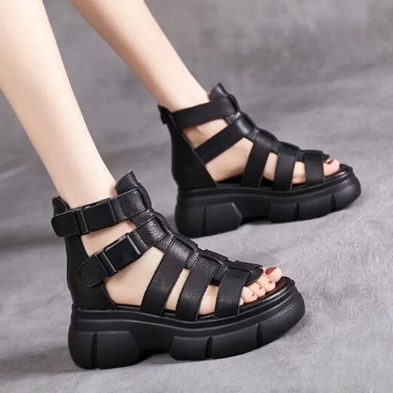 Handgemachte Echte PU Leder Retro Schuhe Frauen Sandalen 2022 Neue Stiefeletten Sommer Handgemachte Hohl-out Casual Plattform Sandalen
