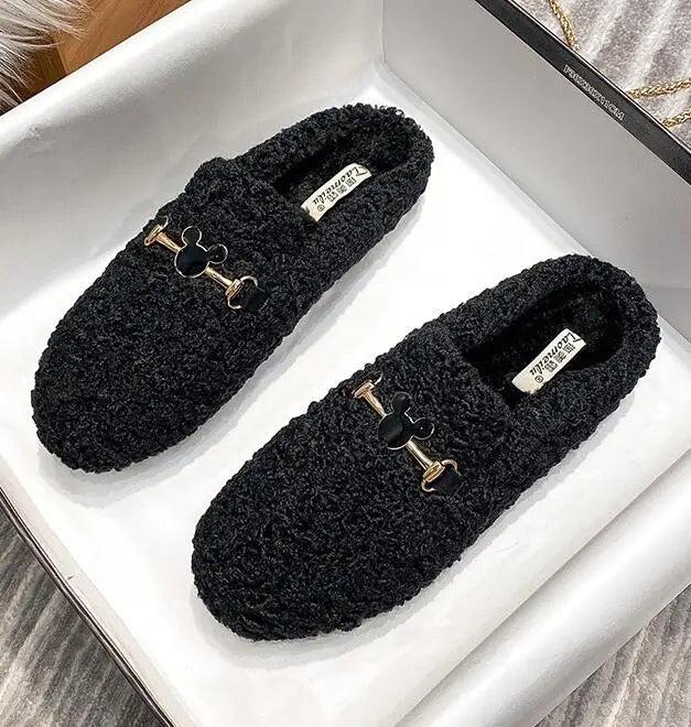 Winter Warm Plush Mules Women One Band Fur Slippers Cozy Cotton Shoes Woman Flats Cover Toe Fleeces Slides Femme Wool Pantuflas