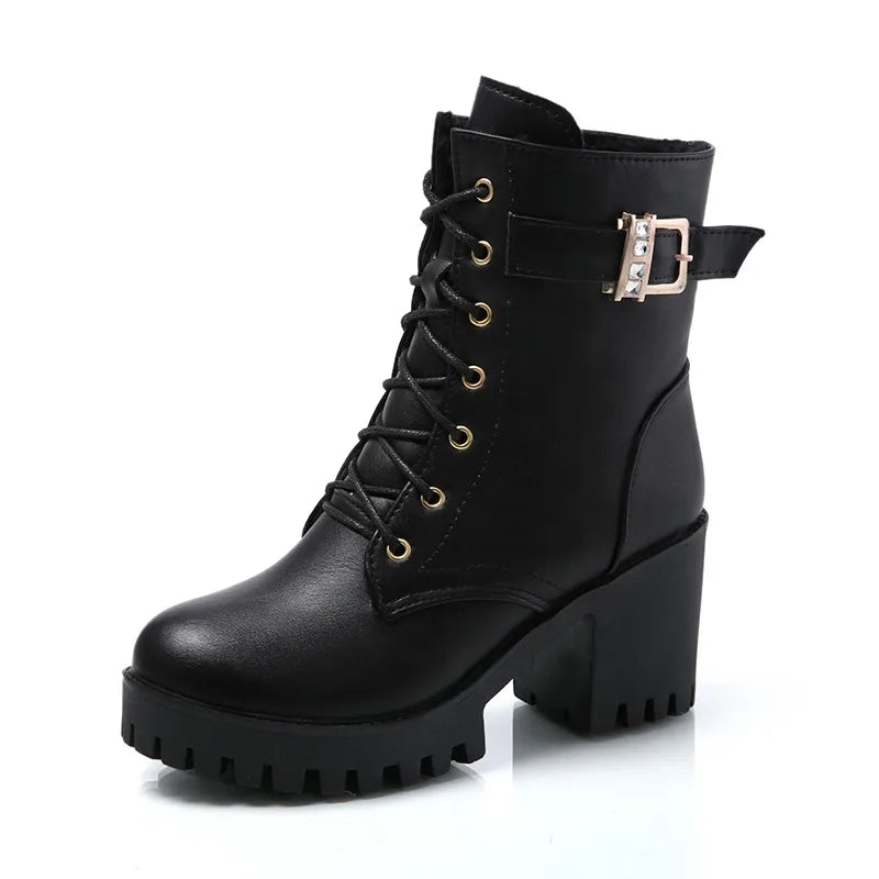 Autumn Winter Platform Lace Up Women Mid Calf Boots Thick High Heel Fashion Short Boots High Heel Leather Botas for Women D376