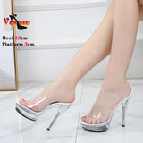 12cm 13CM Crystal Sandals Women's Shoes Thin Heel Transparent Sexy Model Runway Training High Heels Catwalk Performance Shoes