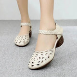 2022,NEW Summer Women's Genuine PU Leather Shoes Woman Retro Hollow Out Sandals Female Hook & Loop Heels Ladies Platform Sandal