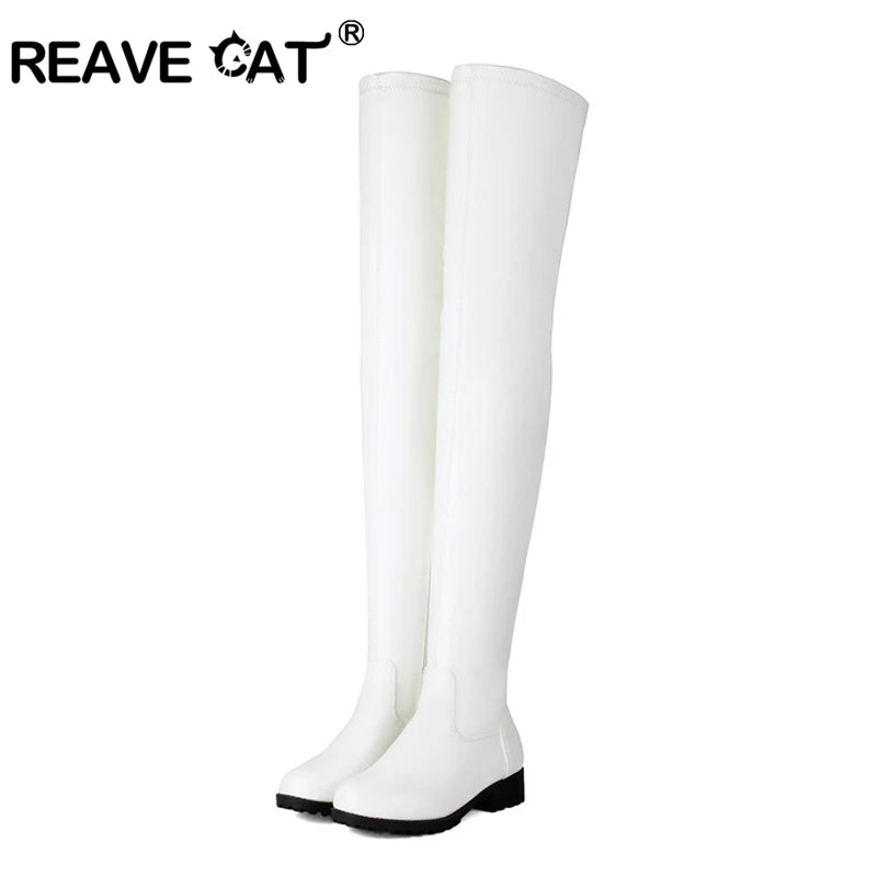 REAVE CAT Autumn Over Knee Boots 3.5cm Heel Round Toe Leather Thigh High Fashion Big Size 45 46 47 48 US17