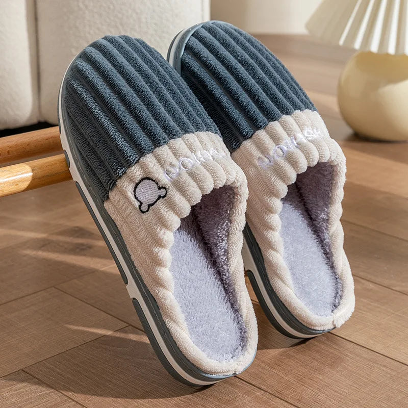 Cotton slippers for men autumn and winter indoor home decor anti slip thick bottom stepping on poop plush warm couple women