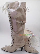 Nude and Pink Stain Knee High Boot Women Pointy Toe Eyelet Ribbon Decorative Laces Up Side Zipper Low Heel Girl Ballet Shoes