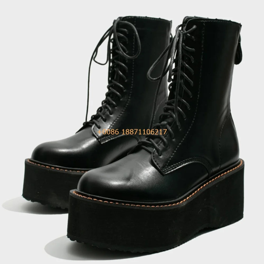Platform Women's Motorcycle Boots 2024 Autumn New Round Lace-Up Sports Casual Short Boot Fashion Street Style Party Knight Boot