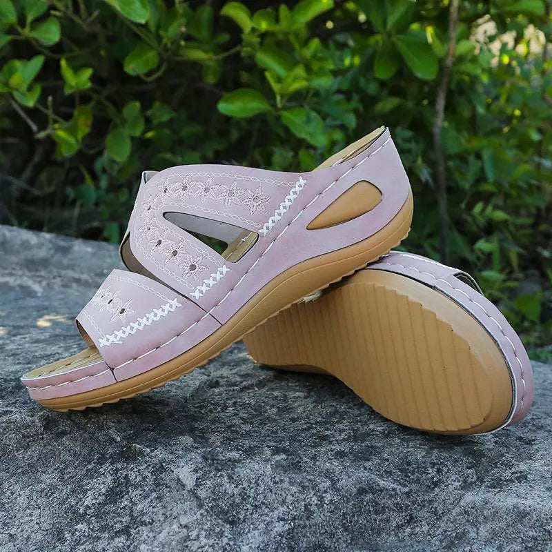 Cool slippers for women with sloping heels and fish mouth thick soles, available in multiple colors with embroidered sandals for
