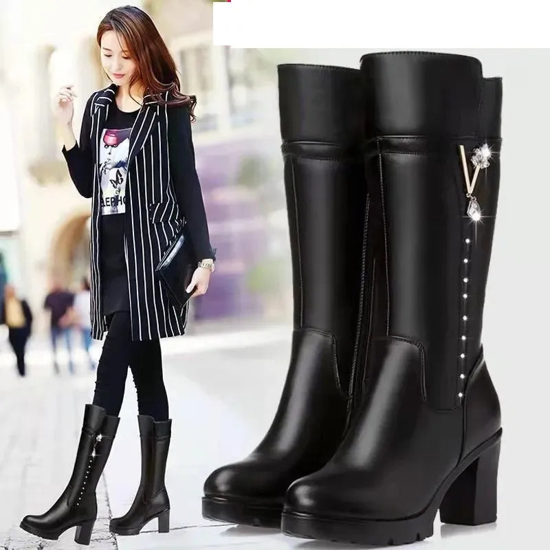 Women's Boots Autumn and Winter Wool Warm Thick Heels Fashion New Knee High Boots Leather Round Toe High Heel Women's Boots New