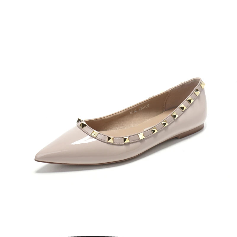 Popular Classic Black Patent Leather Rivet Flat Women Shoes Loafers Ballet Shoes White Mary Jane Pumps Walking Driving
