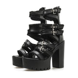 Gdgydh Women's Black Block Heeled Sandals Open Toe Buckle Strap Platform Pumps Goth Style Back Zipper High Heels Summer Shoes