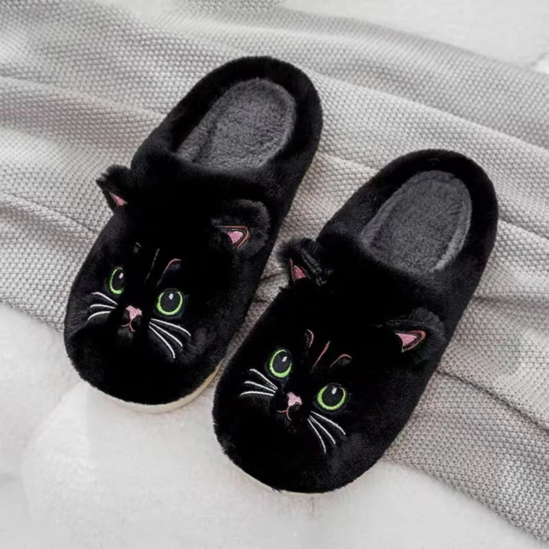 Cute Cartoon Cat Slippers Fluffy Home Thick Platform Slippers Women Men Winter Warm Plush Slides Indoor Lovely Cotton Shoes
