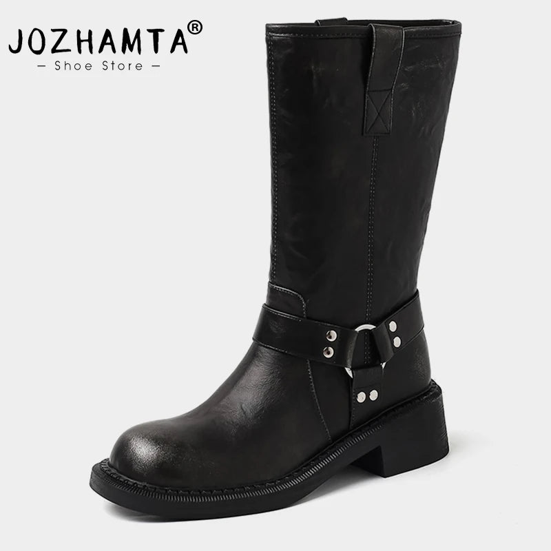 JOZHAMTA Size 34-40 2025 Women Real Leather Mid Calf Boots Vintage Thick Heels Shoes Winter Retro Buckle Platform Short Boots
