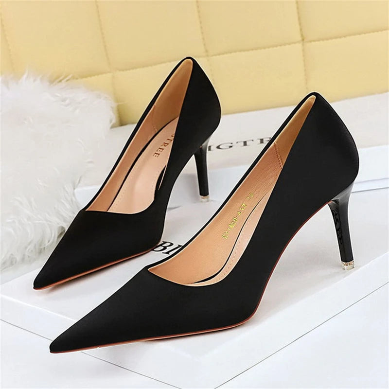 BIGTREE Spring Fashion Simple Matching High Heels Slim Heels Shallow Mouth Pointed Party Stripper Satin Women's Sngle Shoes