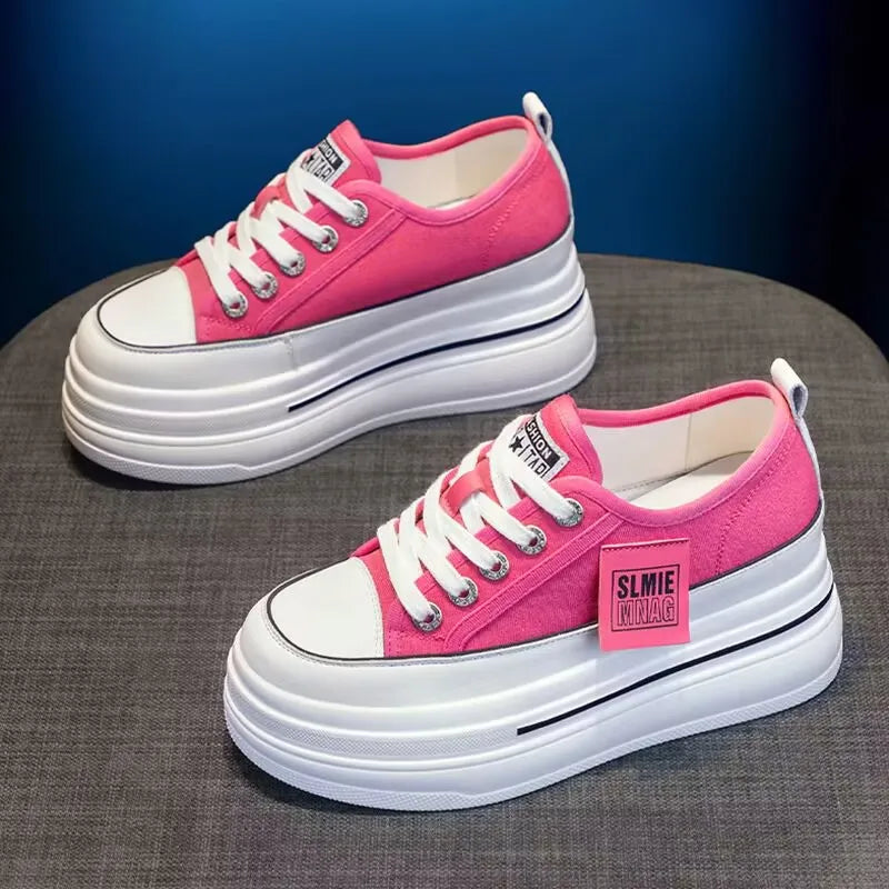 2025 New Woman Platform Sneakers Wedge Shoes Female 8cm Height Increasing Ladies Breathable Cloth Casual Shoes Canvas Shoes