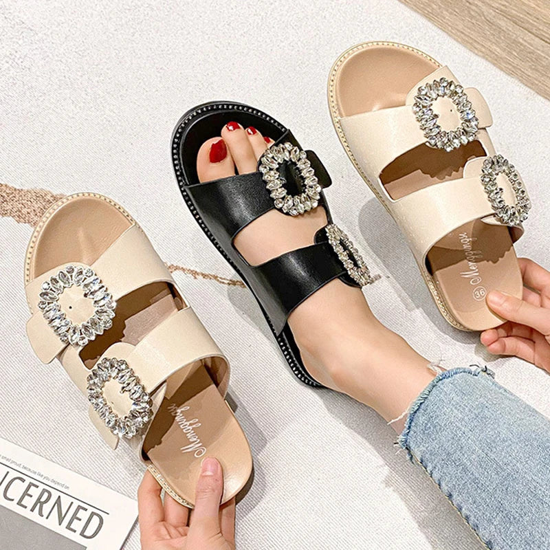 2023 rhinestone crystal buckle slippers women brand design crystal double flip flops female platform slides sandals big size 43