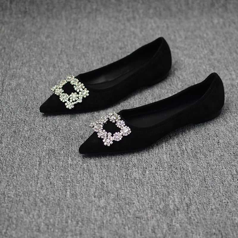 2023 Spring and Autumn New Fashion Shallow Mouth Rhinestone Square Buckle Pointed Versatile Women's Flat Bottom Casual Shoes