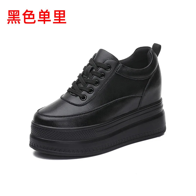 Genuine Leather Women Platform Air Mesh Hollow Sneakers Spring Casual Vulcanized Wedge Shoes Ladies Thick Bottom Court Sneakers