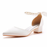 Crystal Queen Fashion Women Sexy Pumps Pointed Toe Buckle Strap Sandals Thick High Heel White Silk Beading Bride Shoes