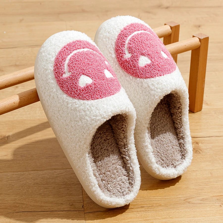 Women Home Winter Slippers Smile Face Heart Eye Style Fluffy House Cute Print Gift Fleece Flat Ladies Indoor HouseShoes