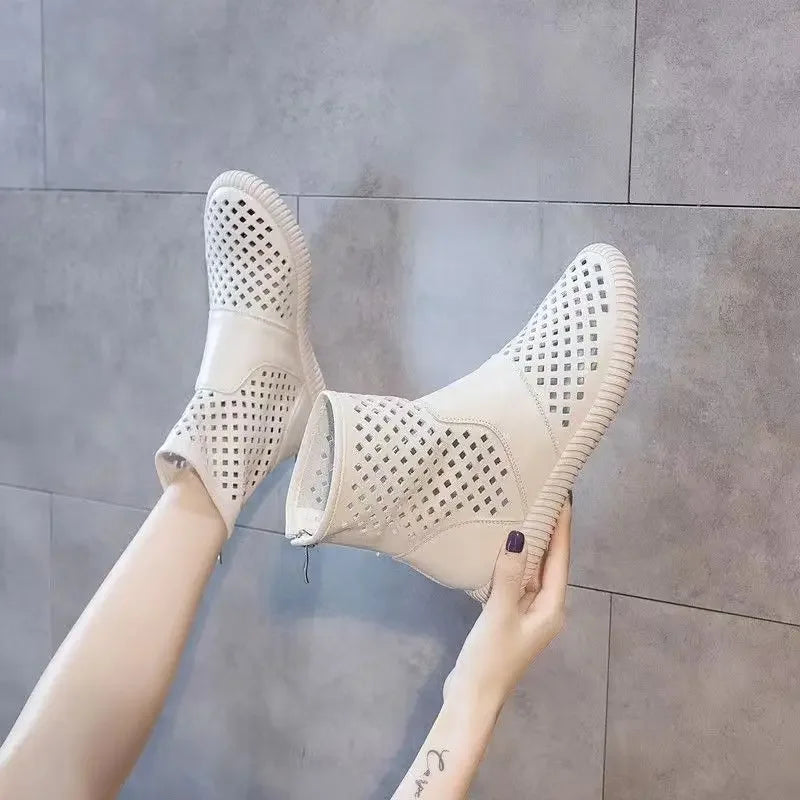 2023Soft Leather Hole Shoes Women's Shoes Summer New Hollow Sandals Flat Outdoor Women's Short Boots Platform Shoes