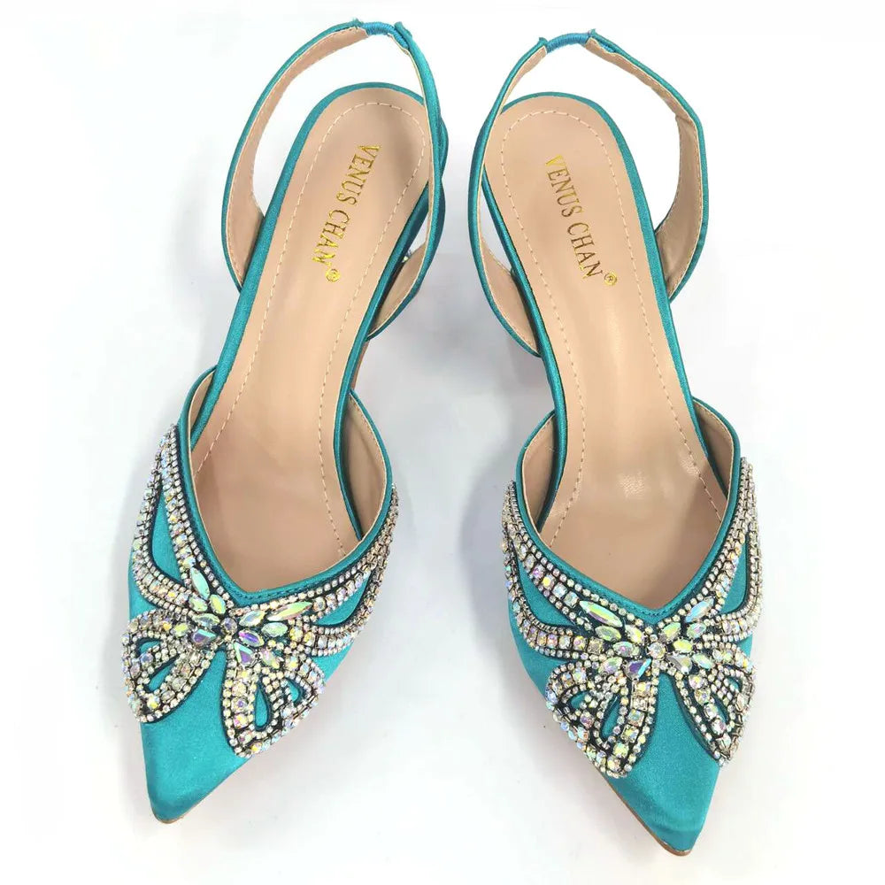 Venus Chan New Elegant Green Bling Bow Pointed Toe Pumps for Women 2024 Party italian Rhinestones shoes and bags matching set