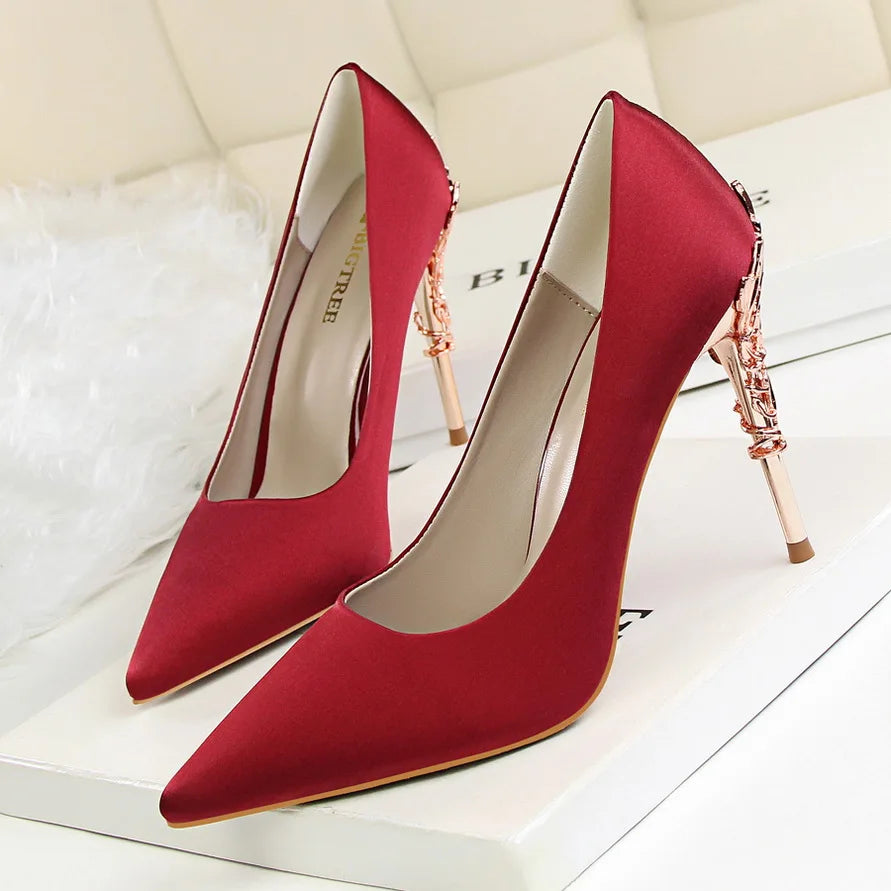 Woman 10cm High Heels Metal Heels Satin Silk Dress Fashion Pumps Lady Wedding Bridal Scarpin Catwalk Orange Green Wine Red Shoes