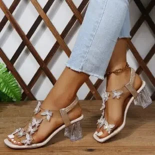 High-heeled Sandals Women's 2022 Summer New Style Fashion Small Flower Decoration Buckle Transparent Square Heel Women's Shoes