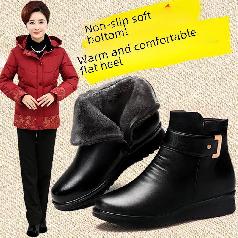 Warm Cotton Winter Shoes Fleece-lined Anti-slip Autumn/winter Flat Mom Shoes Ideal For Elderly Middle-aged Women