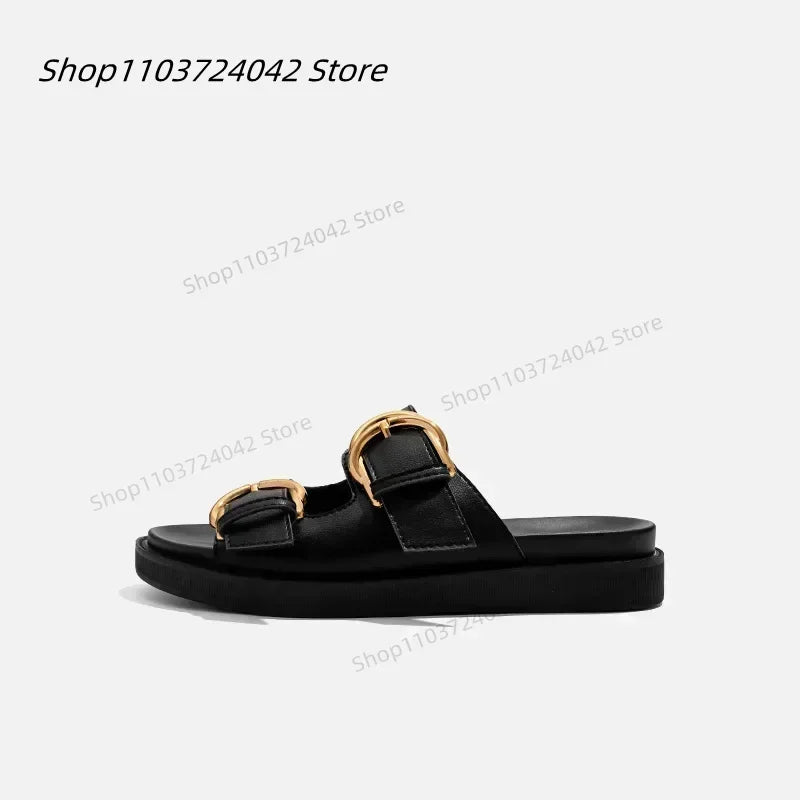 Designer Women Platform Sandals Gold Buckle Roman Shoes New Summer Metal Circle Gladiator Sandalias Mujer Muffins Slides Shoes